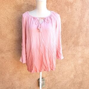 Como Vintage Ombre Gauze High-low Hem 3/4Sleeve Tassel Tie Keyhole CrewNeck Blou